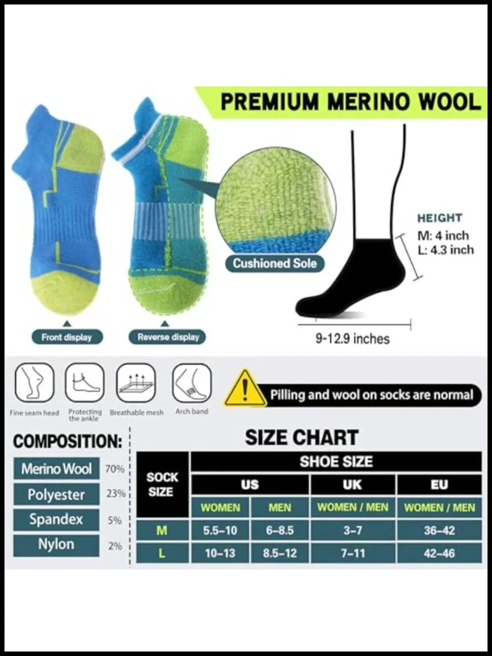 6 Pairs Merino Wool Ankle Hiking Socks Compression Athletic Low Cut